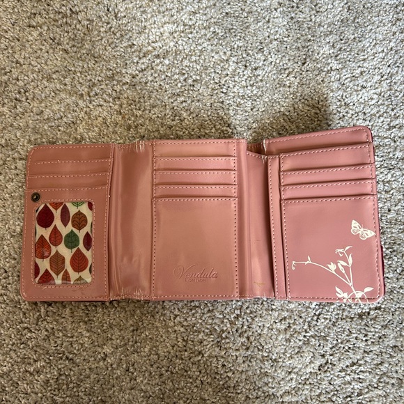 Vendula London Autumn Burgundy Fabric trifold Wallet Bird Patch & coin purse - Picture 6 of 11